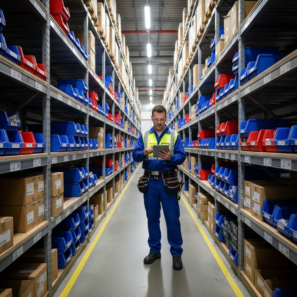 Warehouse worker following optimized picking route on mobile device through organized aisles