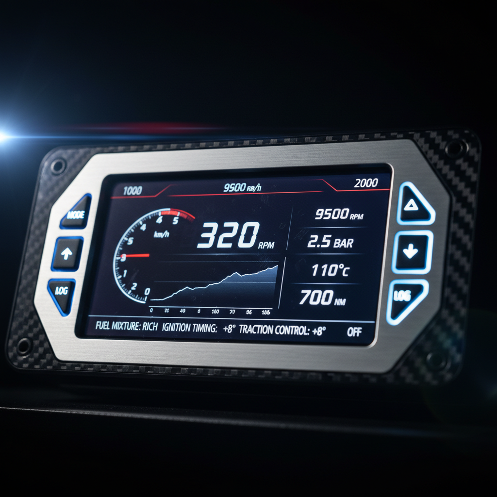 Performance tuning device display, dark dashboard, dramatic lighting