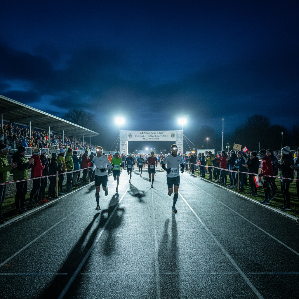 Athlete sprinting on dark athletic track at night, dramatic stadium floodlights, deep shadows, intense athletic environment