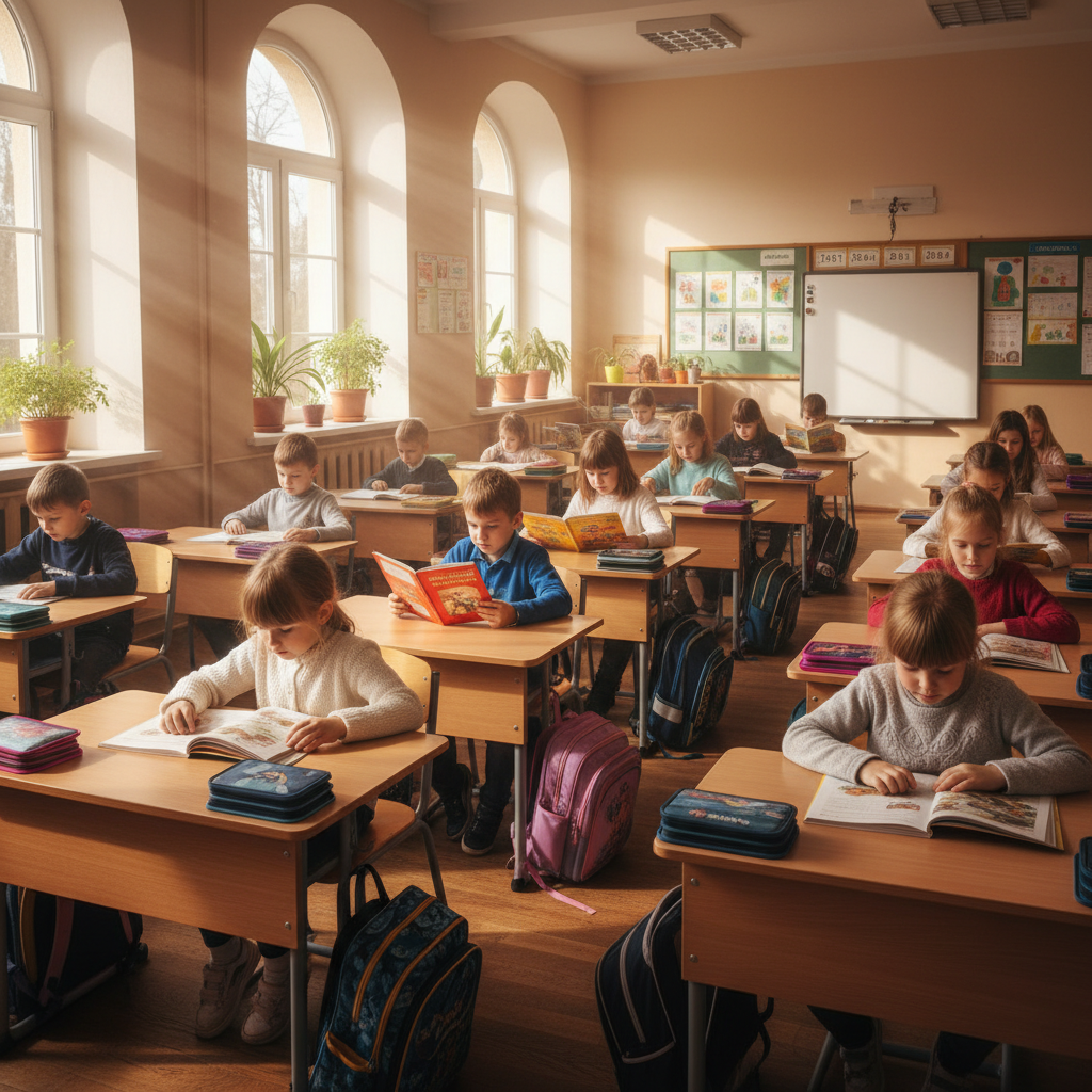 Primary school children reading books at their desks