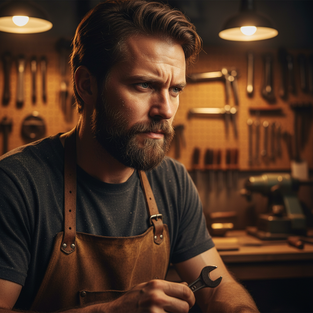 Close-crop portrait of Marcus Delgado, man in mid-30s with focused expression, workshop lighting