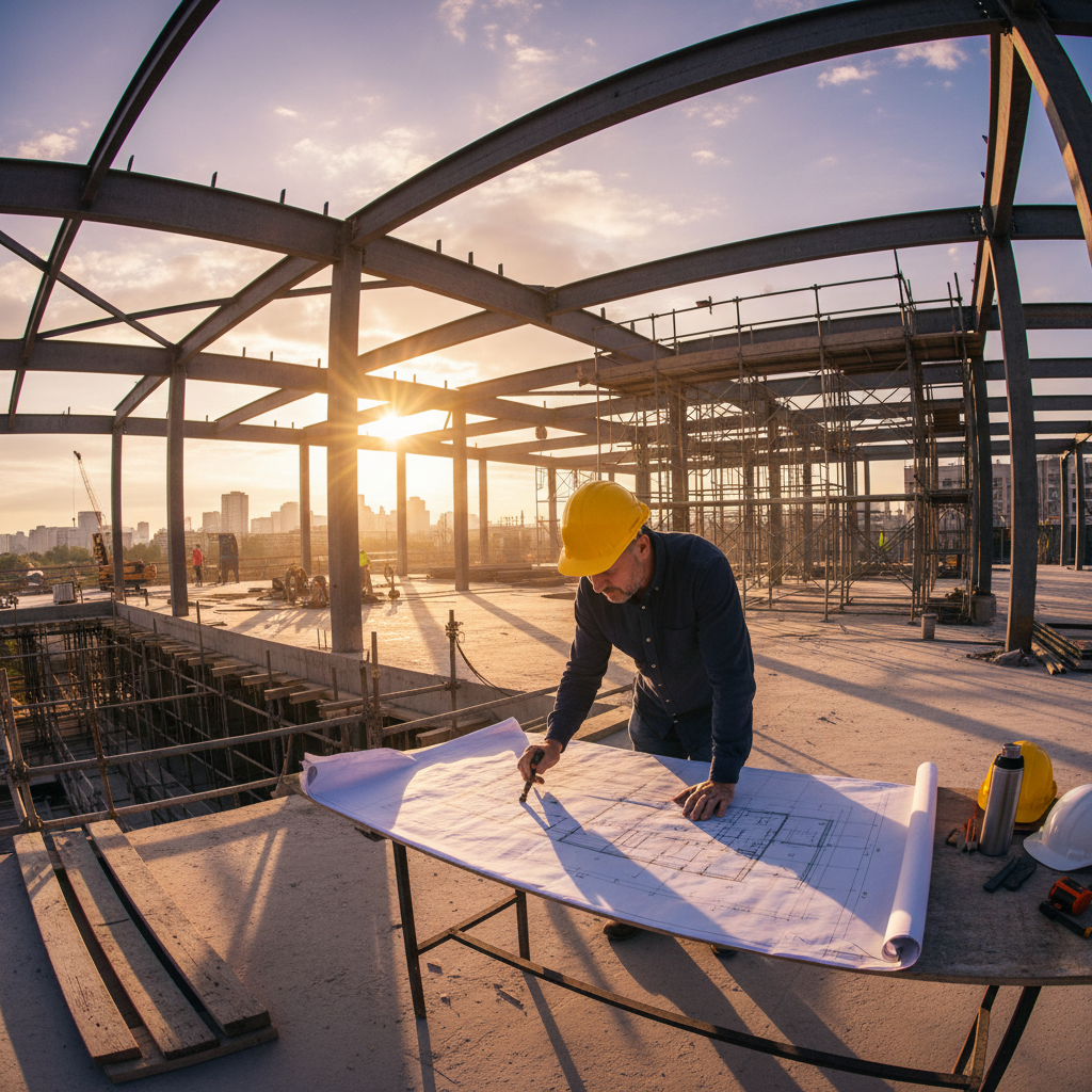 Construction project manager reviewing blueprints at commercial building site, bright industrial setting with steel structure