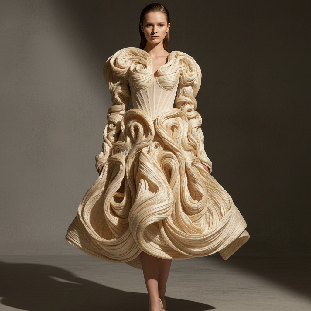 Sculptural midi dress in ecru — editorial designer wear with three-dimensional fabric manipulation