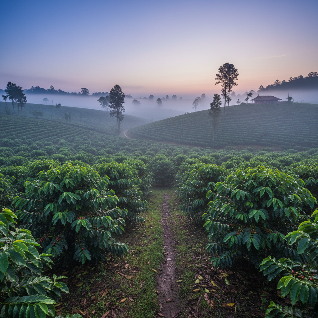 Coorg coffee plantation hills with misty green valleys, tropical forest canopy, soft morning light, serene South Indian nature