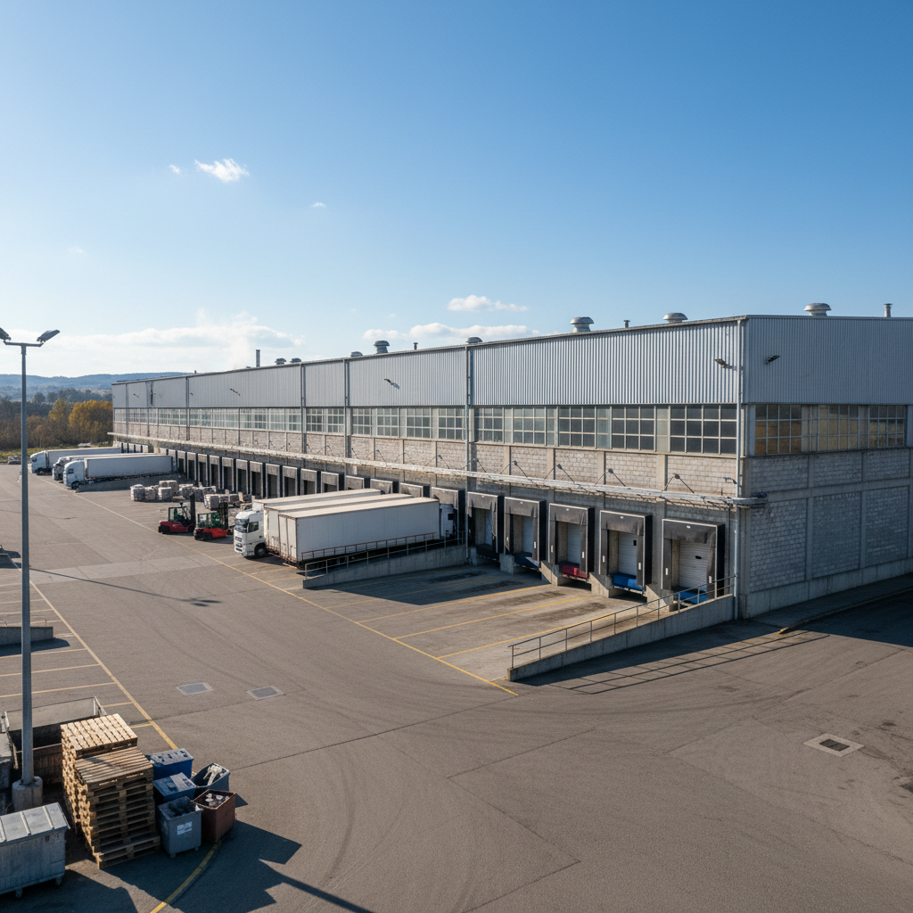 Expansive industrial warehouse exterior with loading docks and trucks under clear blue sky in industrial district