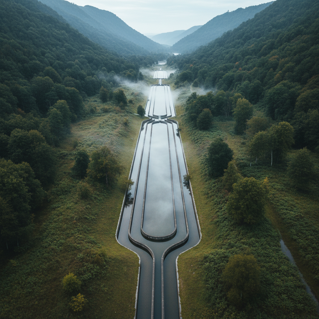 Aerial view of long concrete raceways carved into a green valley floor with mist rising off the water