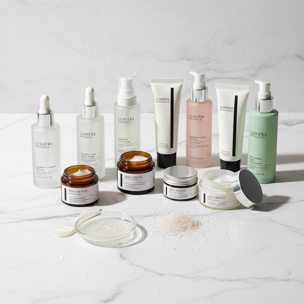 Assorted beauty and skincare products arranged on pink marble surface