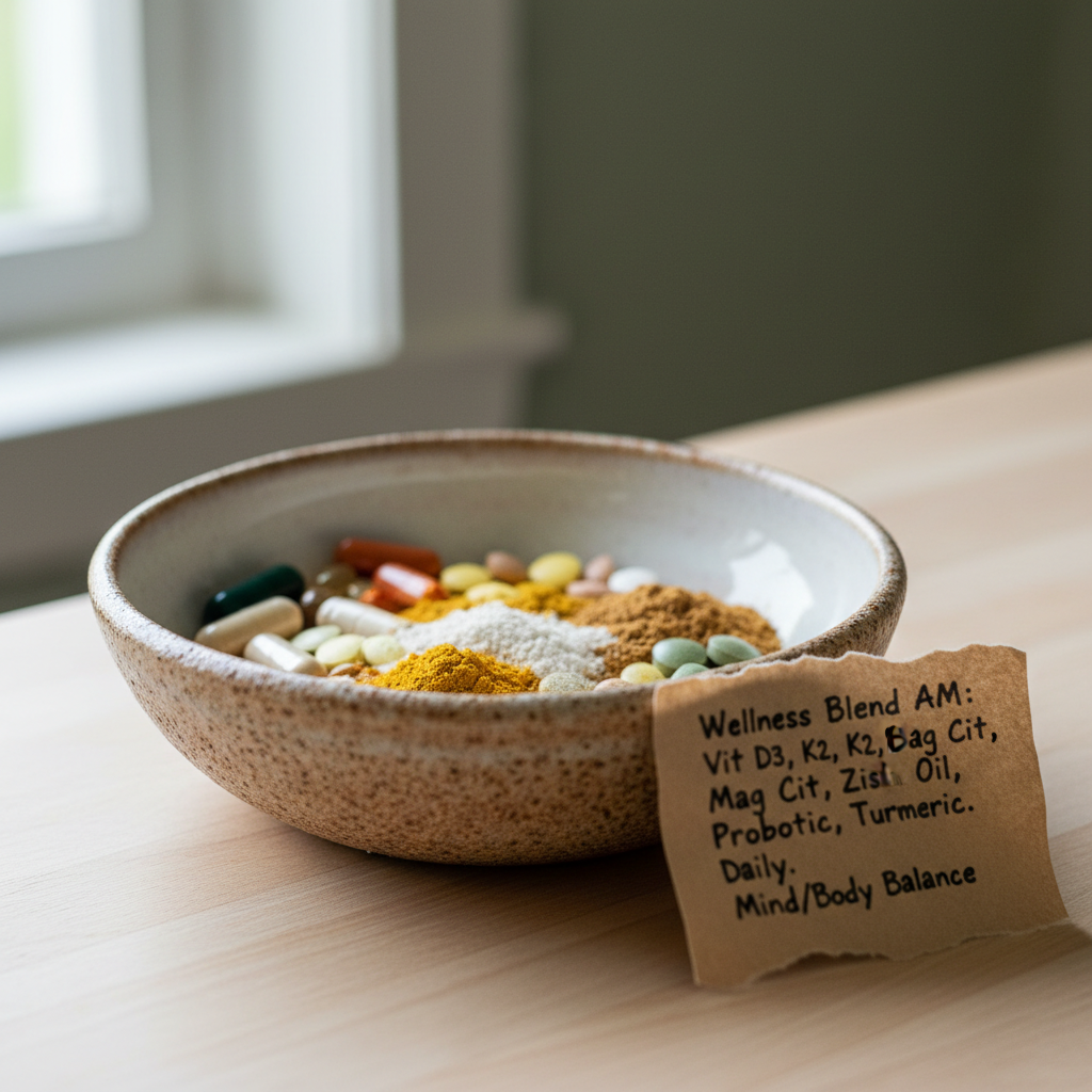 Close-up of a ceramic bowl with precisely measured supplements beside a handwritten nutrition label