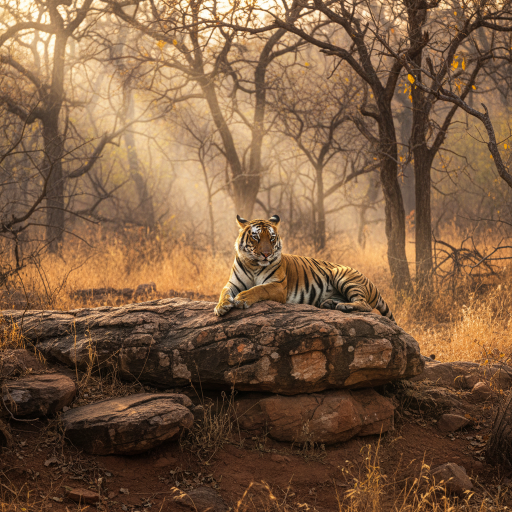 Bengal tiger resting in Ranthambore National Park jungle with dense green foliage background