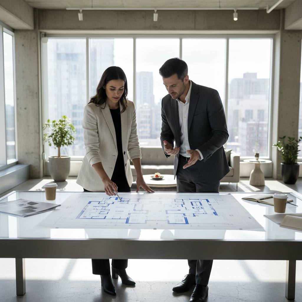 Architect reviewing architectural drawings in a bright modern studio, clean light, airy workspace