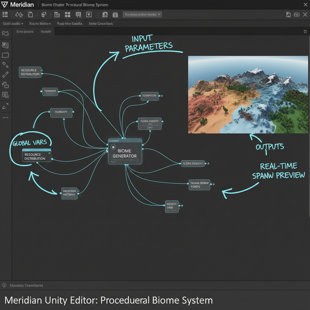 Annotated screenshot of Meridian's Unity editor showing the procedural biome system with hand-drawn overlay arrows pointing to key systems
