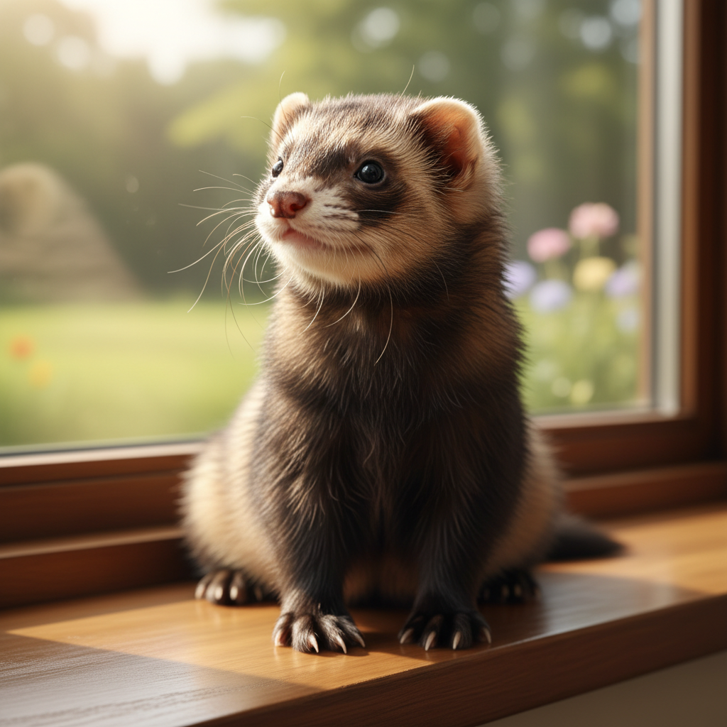 Solo ferret portrait — sable ferret sitting upright against cream studio backdrop, fur luminous in soft window light