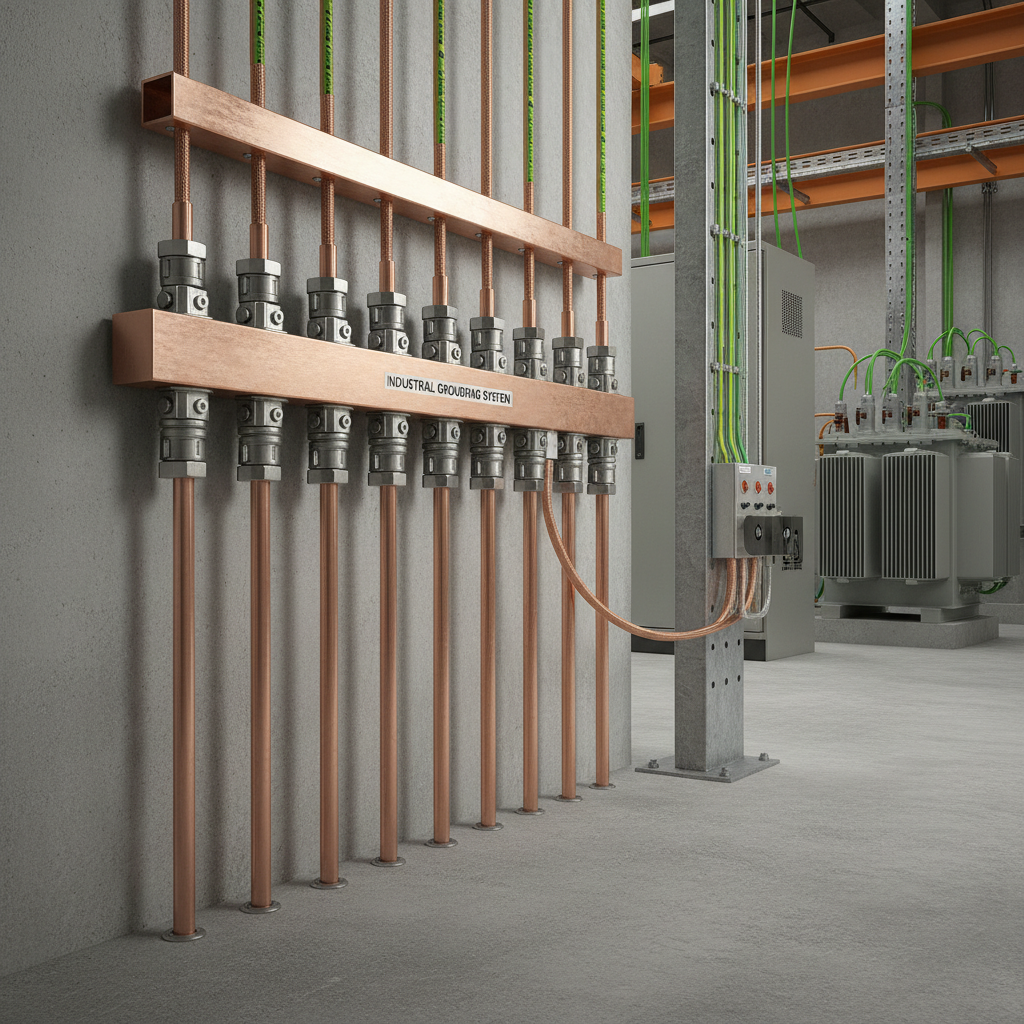 Lightning protection system on industrial building rooftop, steel grounding rods against overcast sky, dark metallic industrial environment