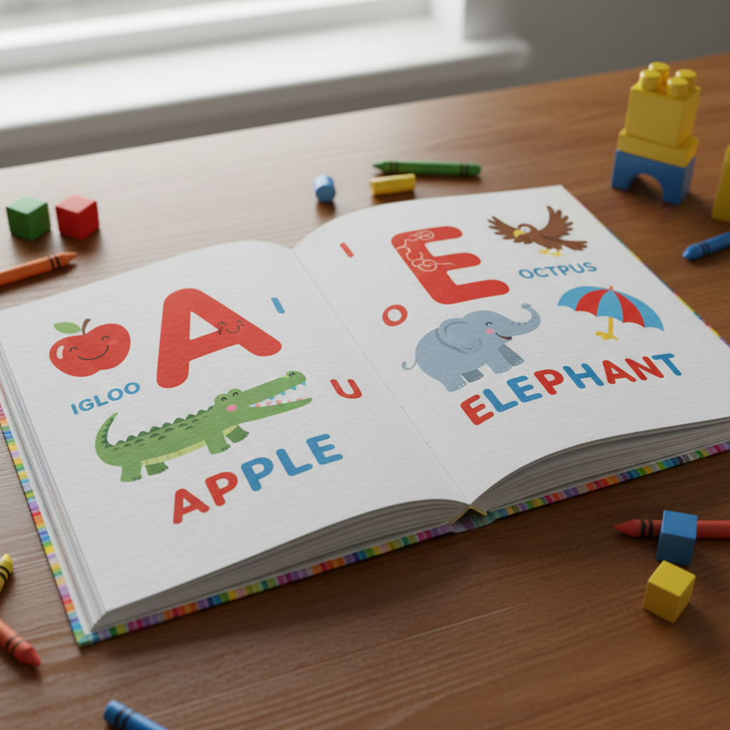 Bright red and white children's adventure book with illustrated characters