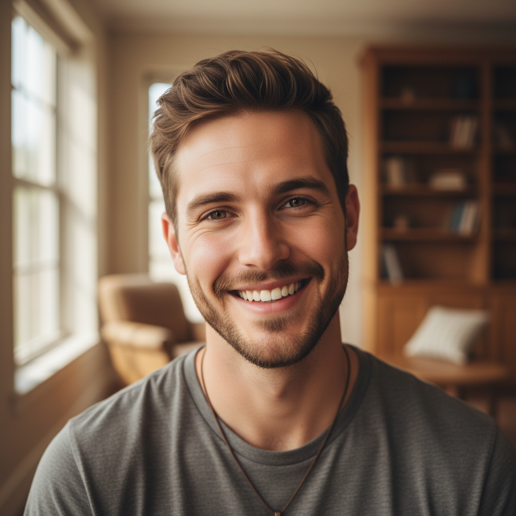 Caucasian man with beard in casual business attire smiling confidently