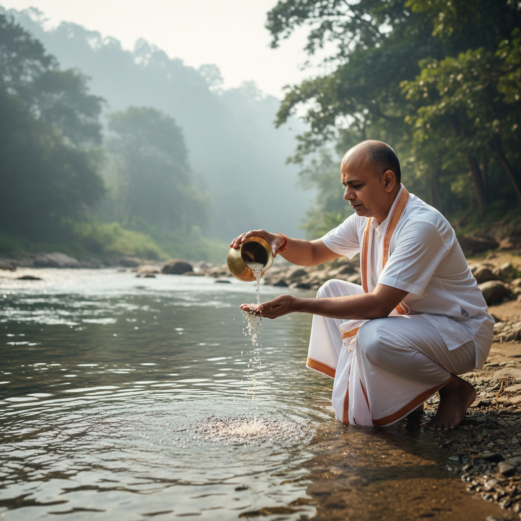 Priest performing tarpan ritual near a river with sesame seeds and water offerings for ancestors