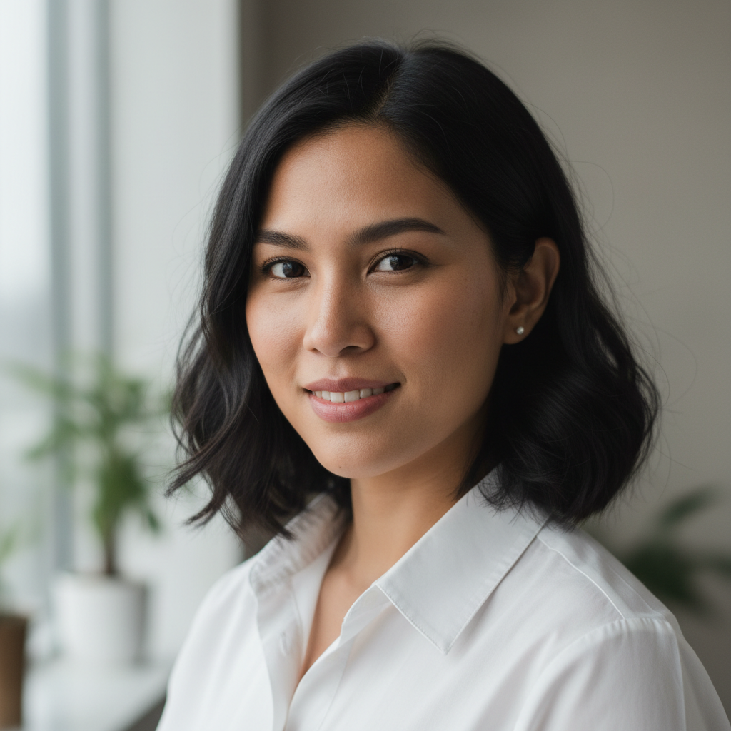 Professional headshot of a Filipino female community leader, warm vibrant background