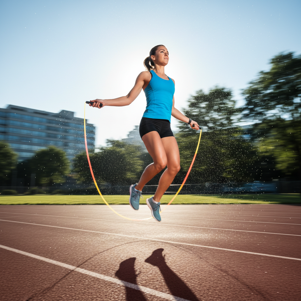 Woman mid-skip with jump rope in sunlit driveway, athletic wear, motion blur on rope