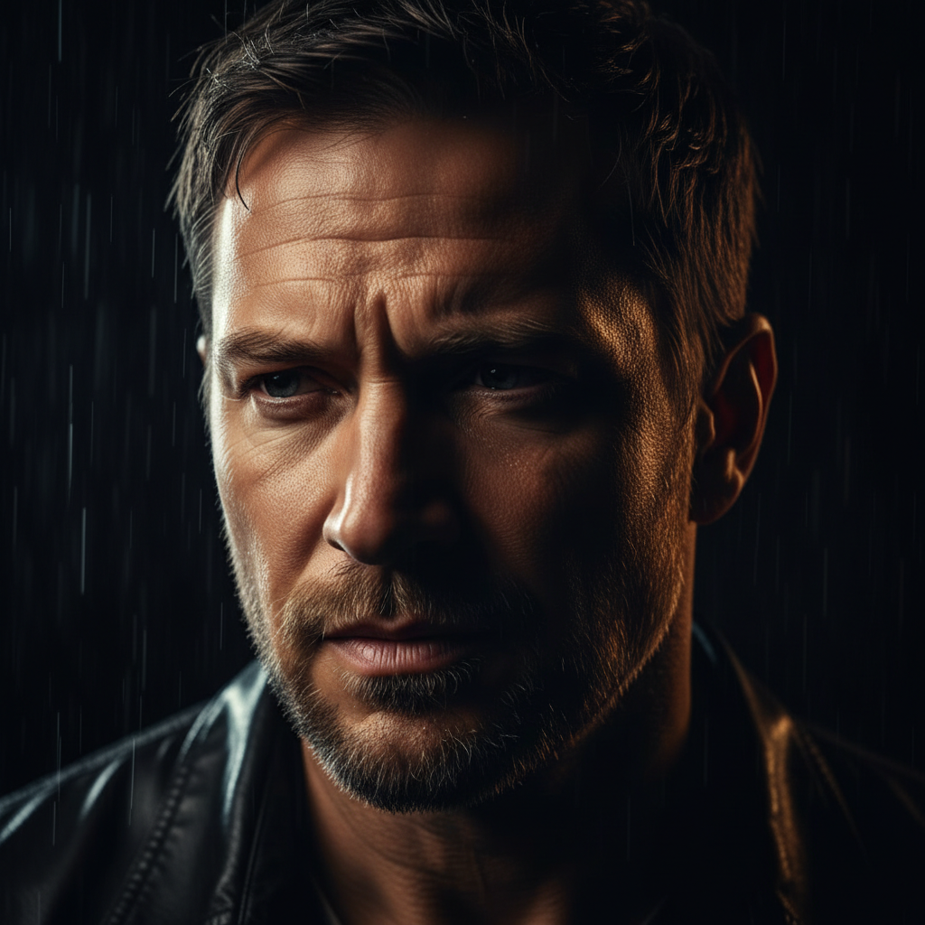 Intensely dramatic dark film atmosphere — deep black background, single harsh overhead light, emotional shadow play, cinematic noir drama