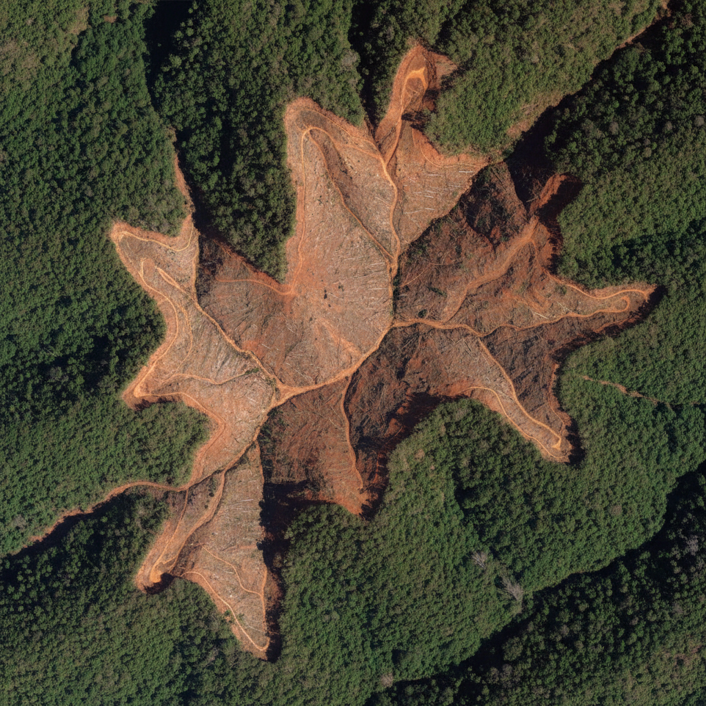 Aerial view of a deforested hillside next to intact primary forest — stark contrast between environmental destruction and ecological health