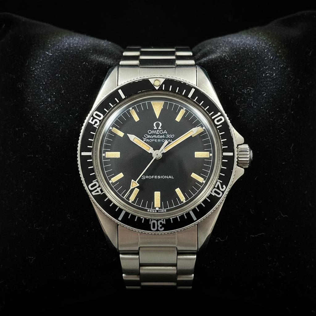 Omega Seamaster 300 from 1967 with black dial and broad arrow hands on velvet surface