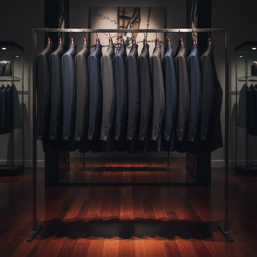 Luxury clothing rack in dark boutique, deep shadows, warm accent lighting, architectural interior