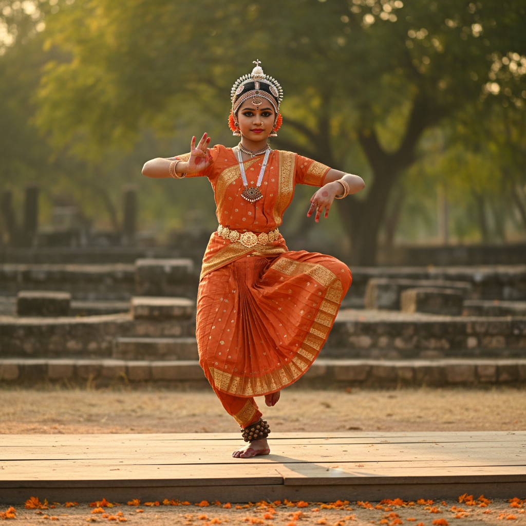 Young girl in orange Bharatanatyam costume performing classical dance on makeshift stage