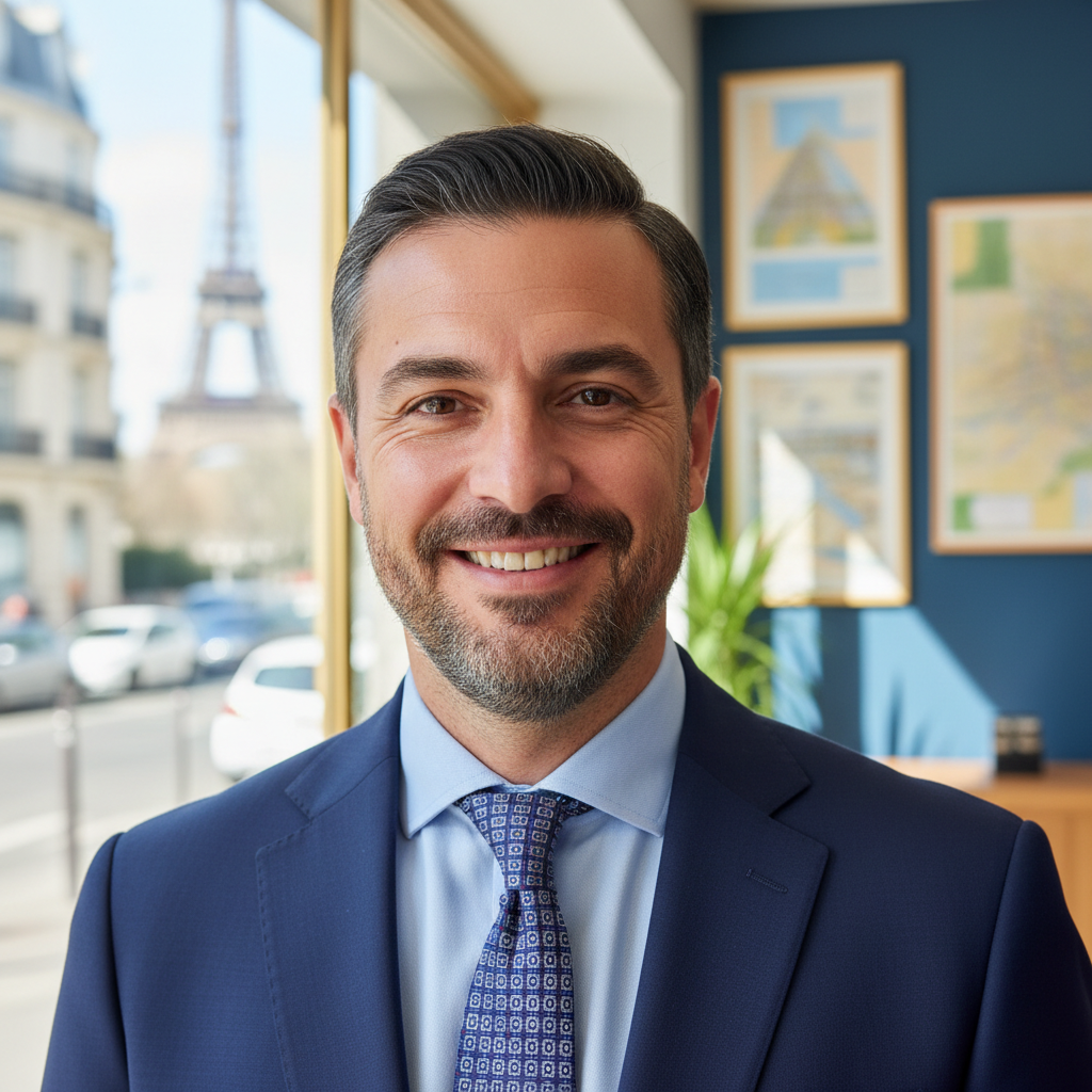 Portrait d'homme souriant, gérant d'agence immobilière en Île-de-France