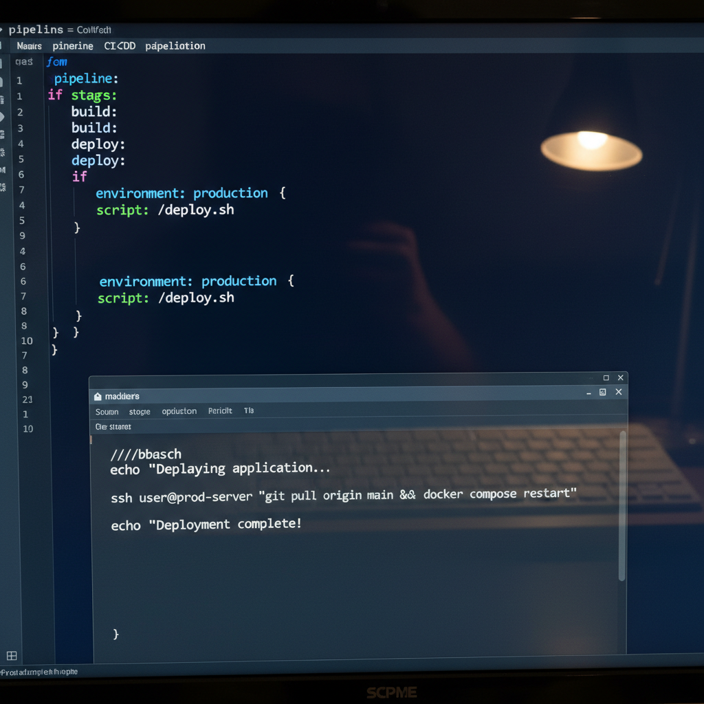 DevOps engineer working on CI/CD pipeline configuration with multiple code screens