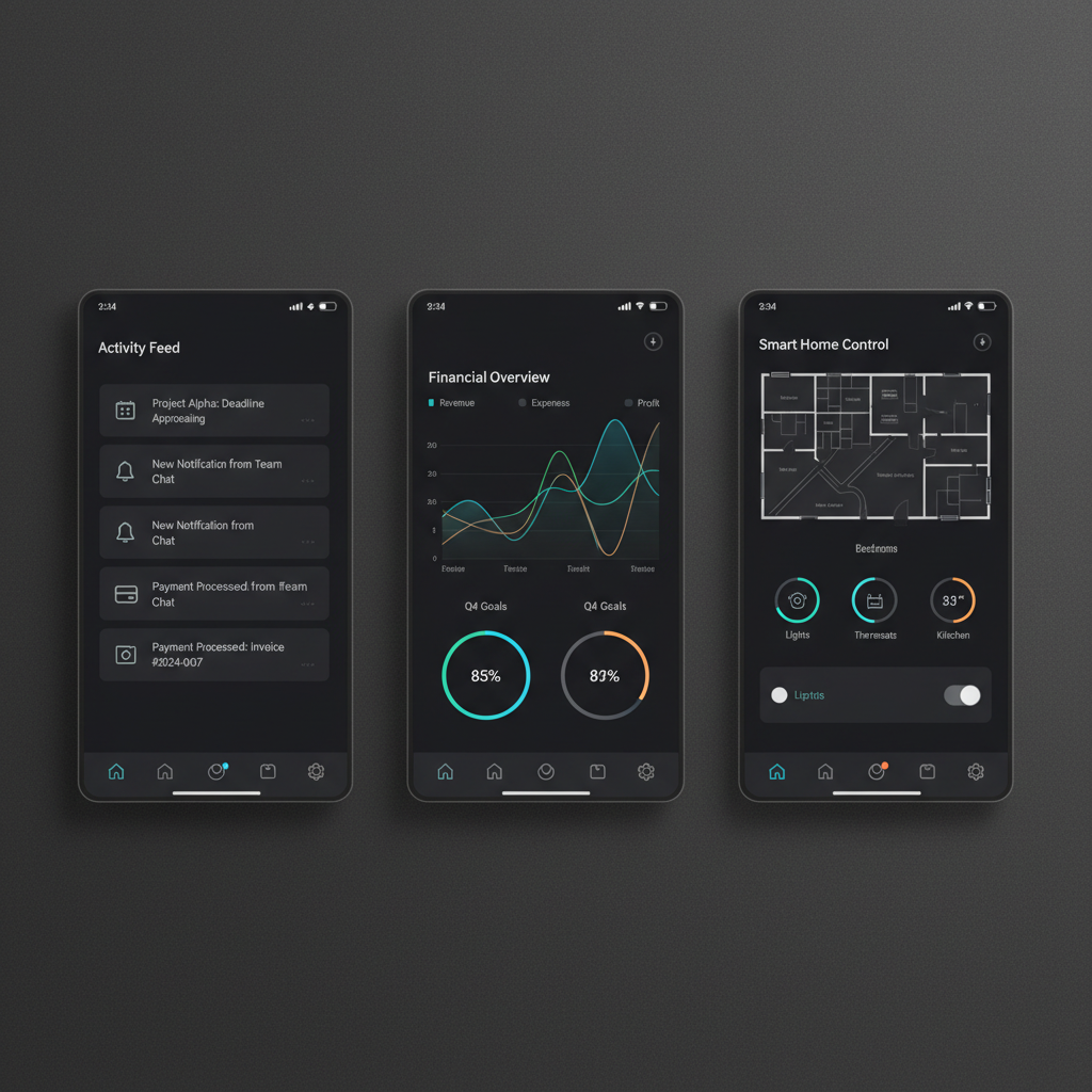 Mobile app prototype displayed on smartphone with clean minimal interface design in dimly lit dark environment