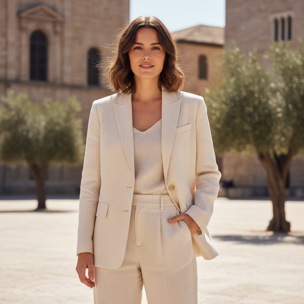Woman wearing structured linen blazer, size 20, outdoor natural light showing drape