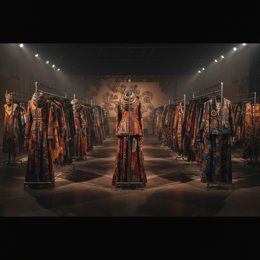 Elegant flowing traditional Nigerian fabric draped ceremonially, dark studio background, deep shadows, rich textile texture