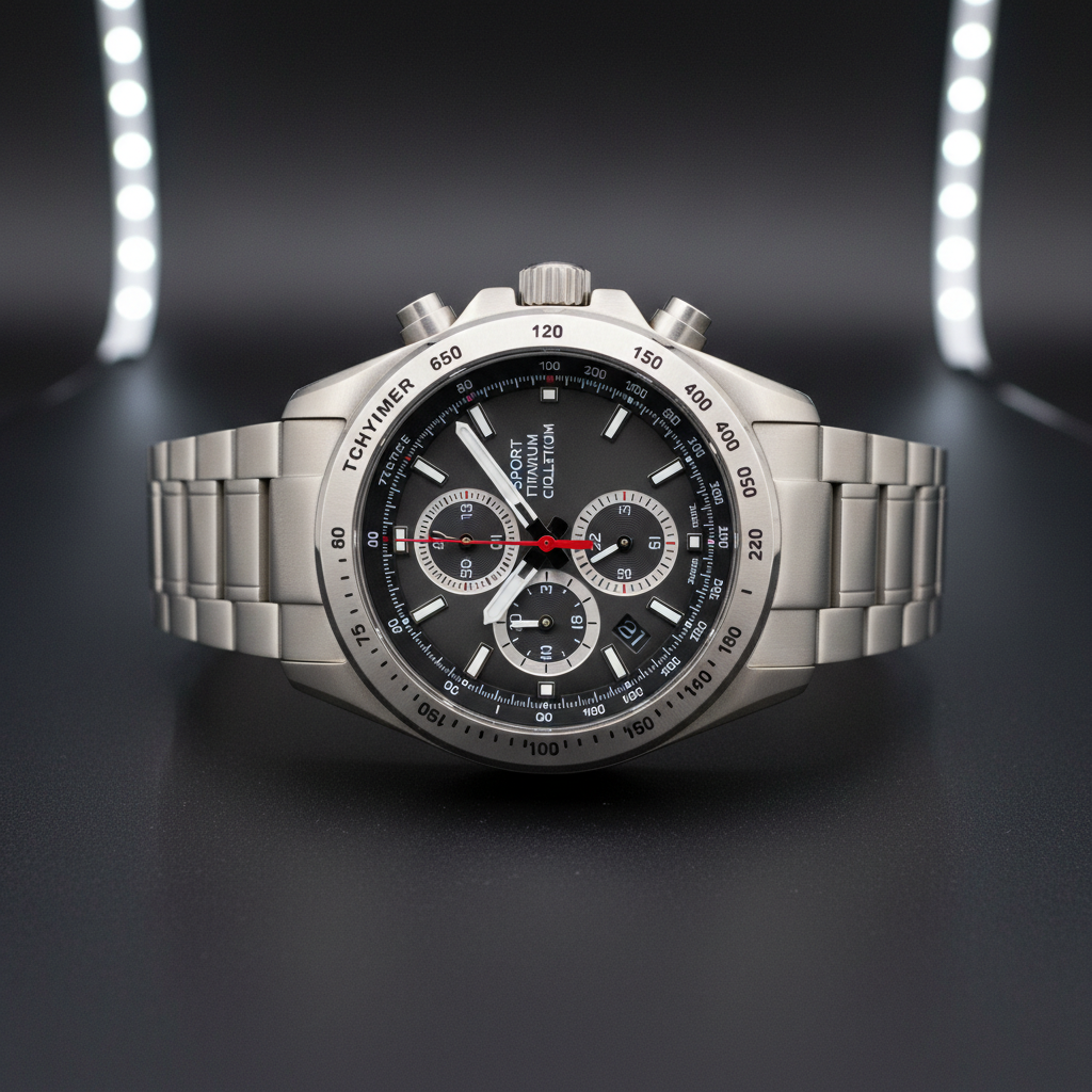Luxury silver chronograph watch with black leather strap on dark background