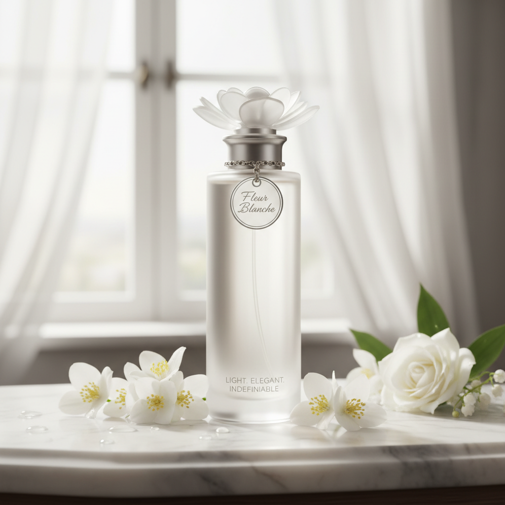 Modern perfume bottle on clean white marble surface, bright product photography