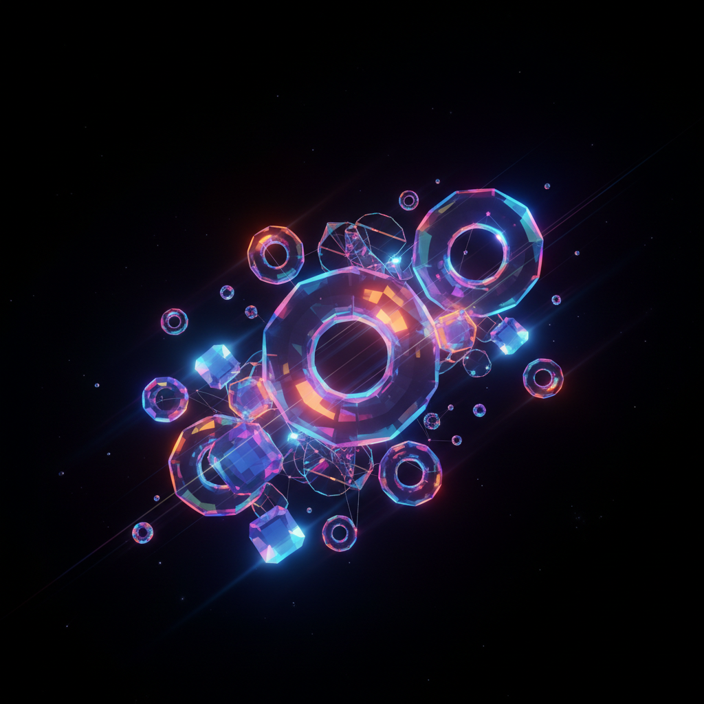 Colorful abstract digital art with neon geometric shapes on dark background