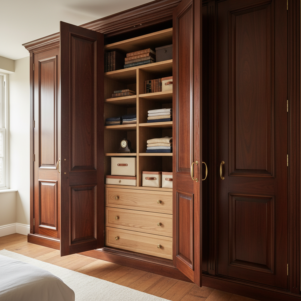Elegant wooden wardrobe with sliding doors and organized compartments