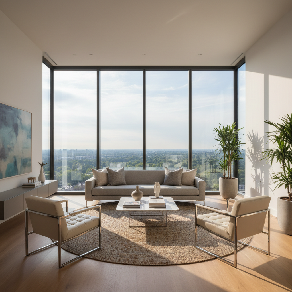 Large floor-to-ceiling double-glazed windows in bright modern living room