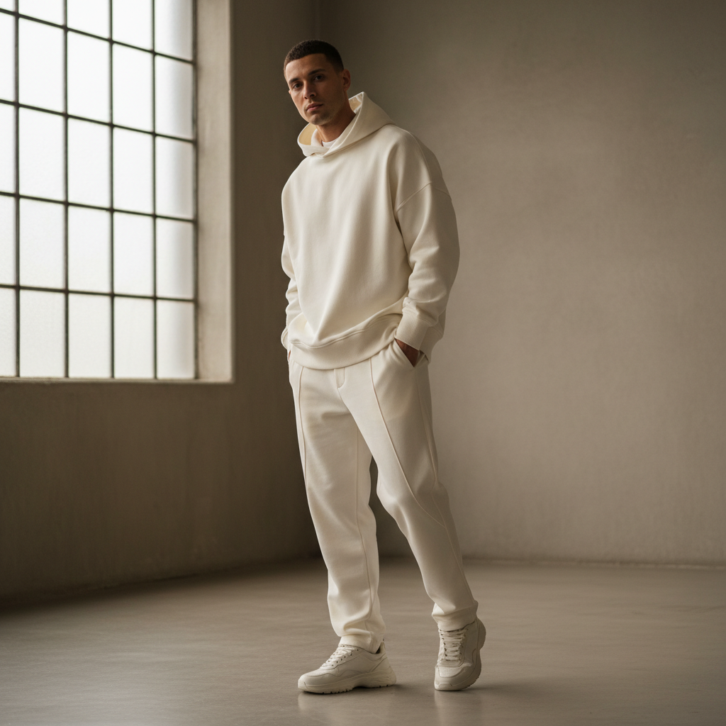 Luxury fashion editorial, minimalist clothing on model, clean white studio, premium brand aesthetic