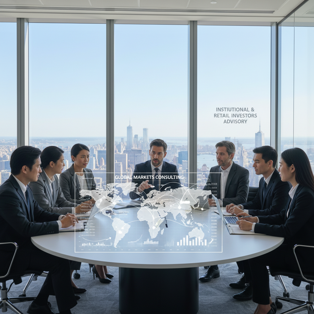 Corporate financial professionals in a high-rise office with panoramic city views discussing strategy