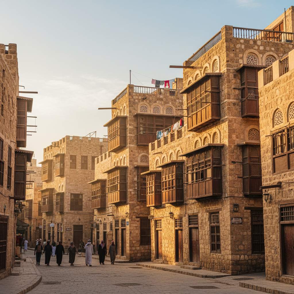 Jeddah historic Al-Balad district with traditional coral buildings, intricate wooden mashrabiya windows, warm afternoon light