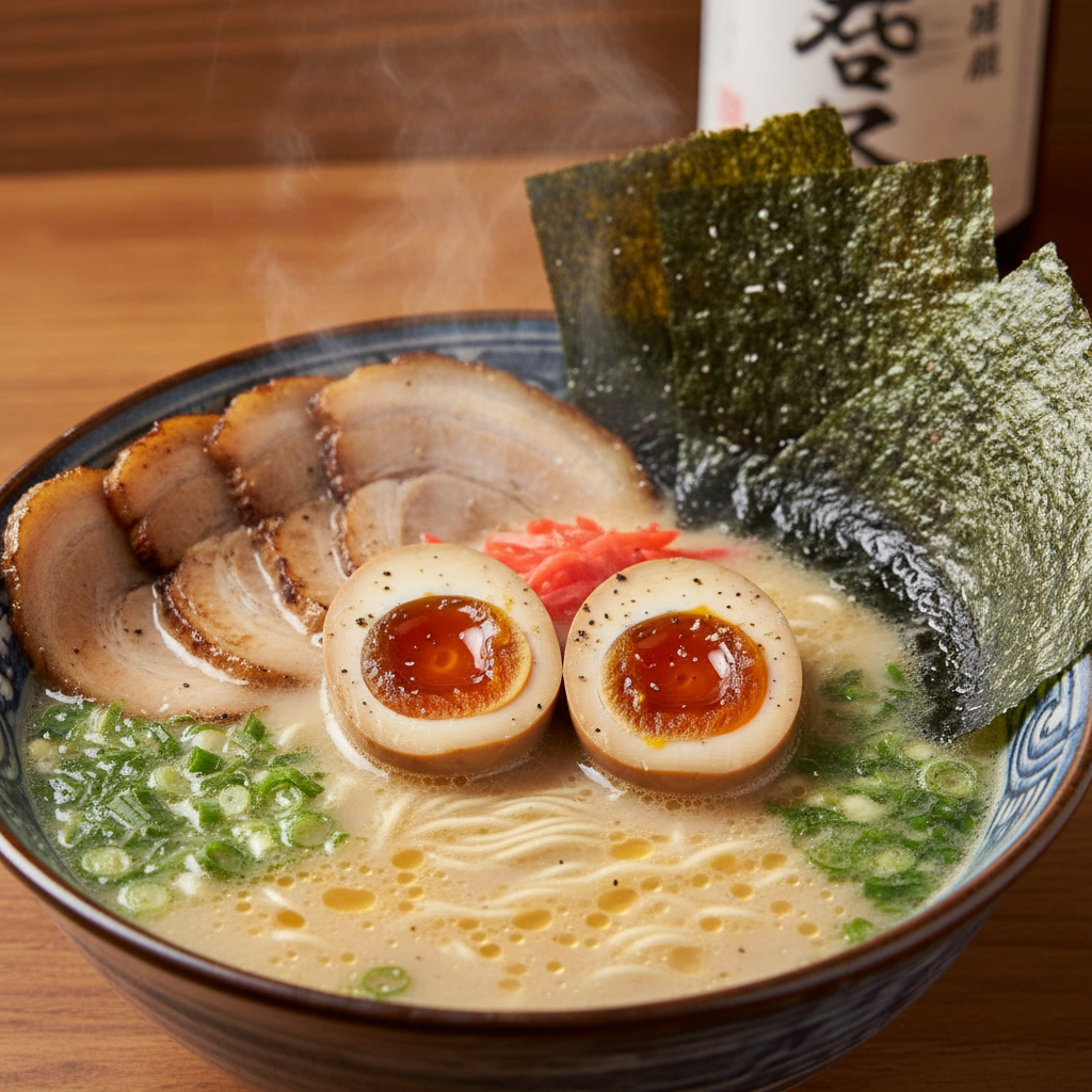 Steaming bowl of tonkotsu ramen with soft egg, chashu pork, and nori in dramatic restaurant lighting