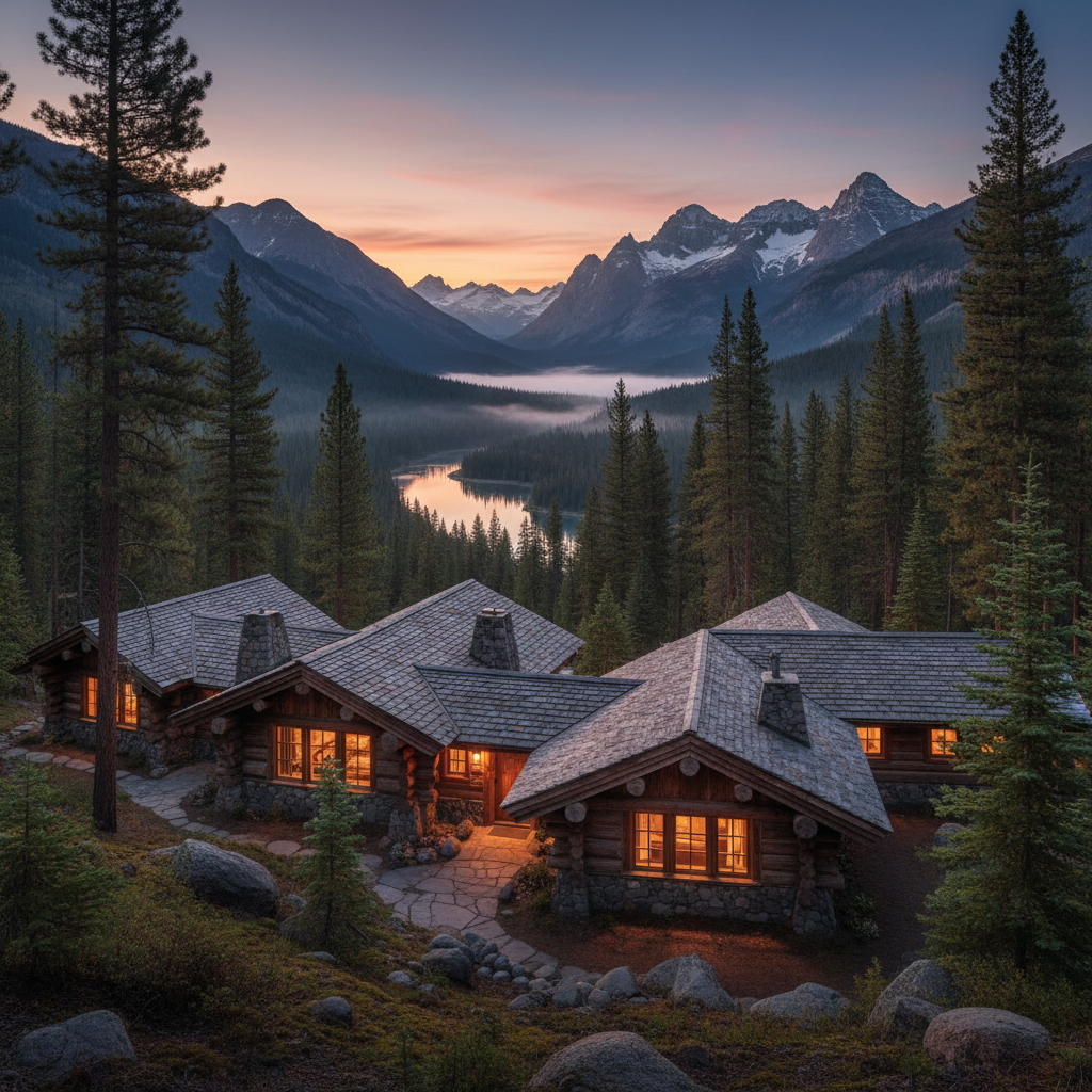 Sierra Ridge highland lodge with timber pavilions nestled among pine trees and mountain views at dusk