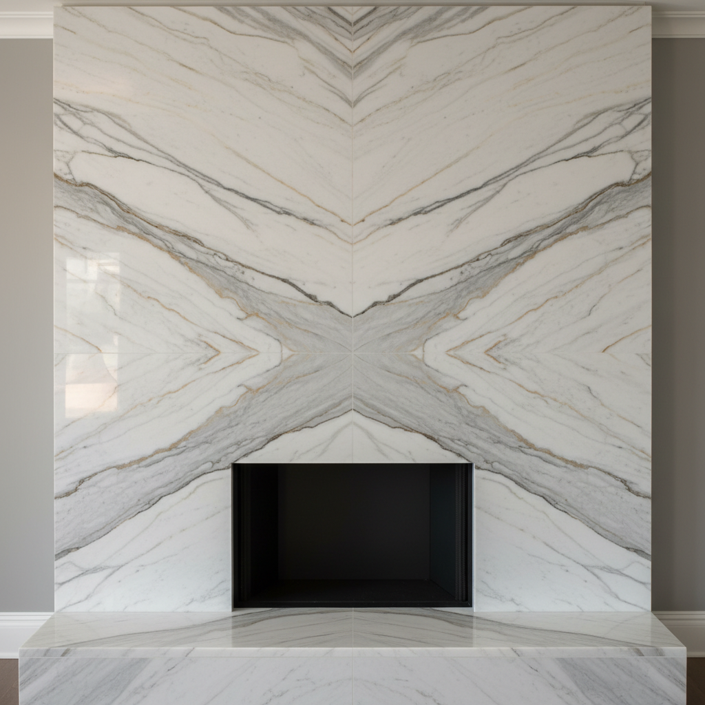 Custom stone fireplace surround with natural quartzite, living room focal point, dramatic veining