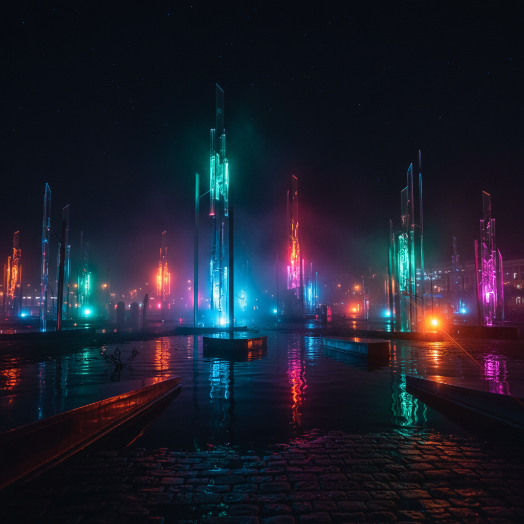 Glowing lights at night with reflective surfaces visible in darkness