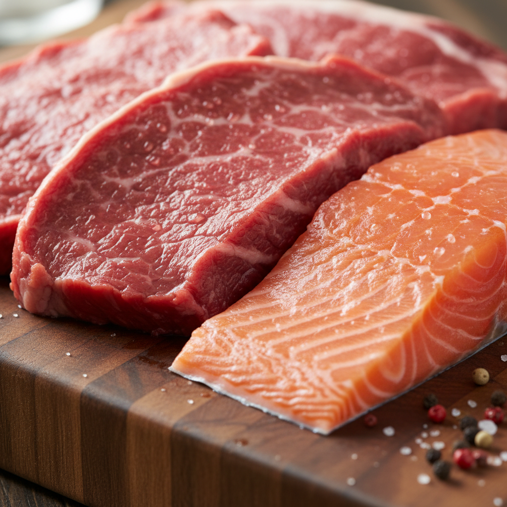 Fresh cuts of meat and fish fillets on a clean butcher block surface with professional lighting