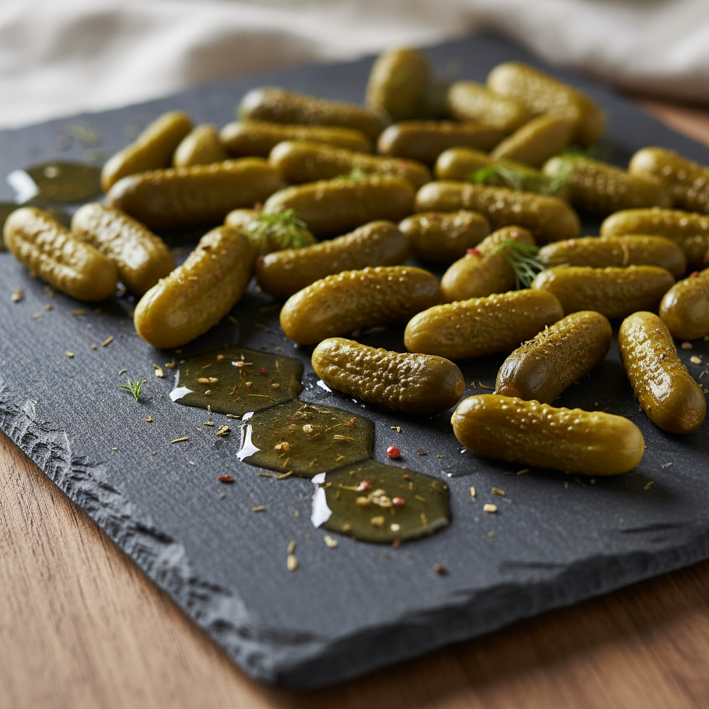 Slate board styled with honeycomb and cornichons