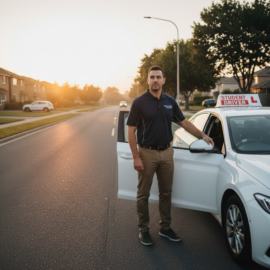 Professionele rijinstructeur naast een lesauto op een rustige weg bij schemering