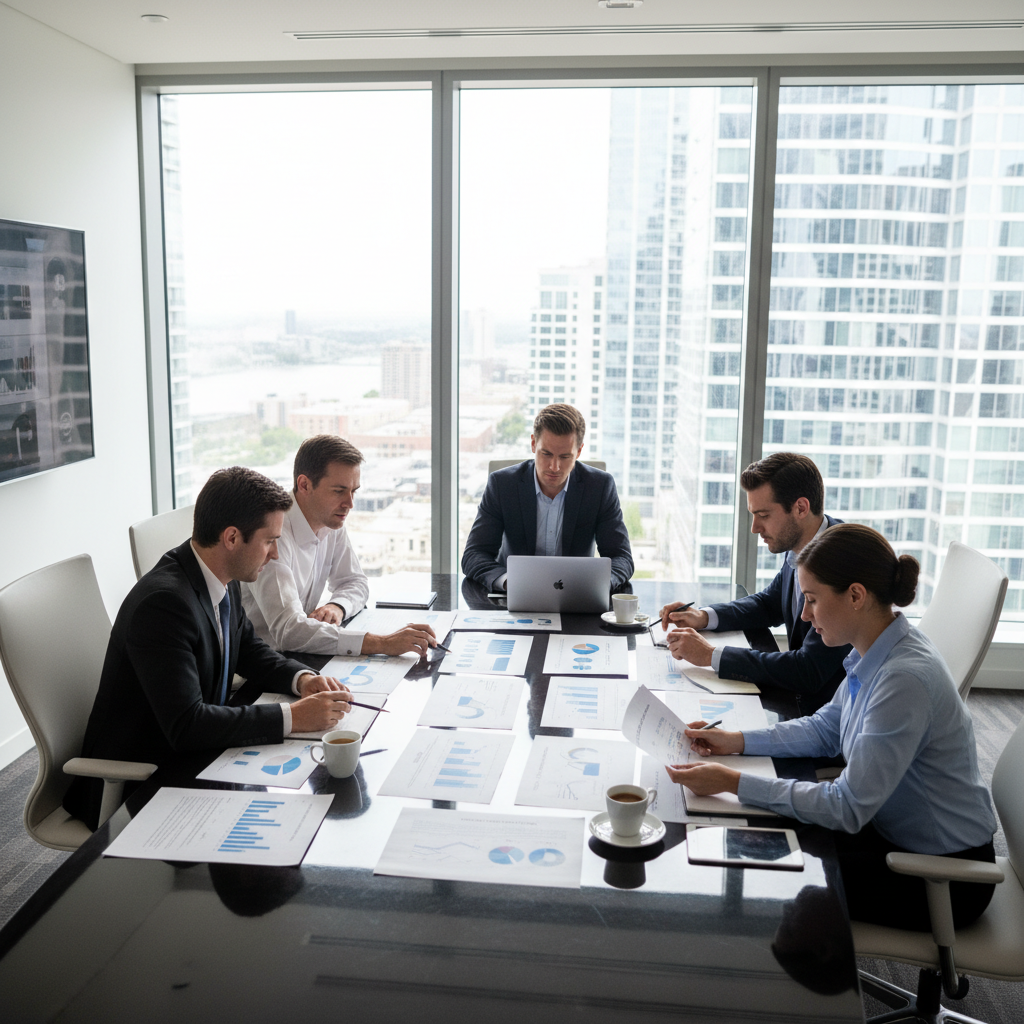 Senior business executive reviewing growth strategy documents in premium London office environment