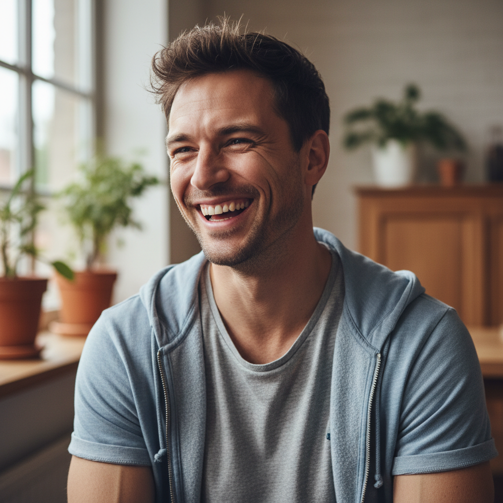 Portrait of James Whitfield, man laughing with athletic build