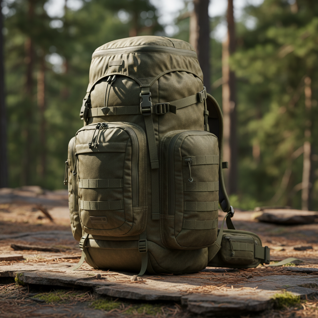 Technical hiking backpack in slate grey on white bright background